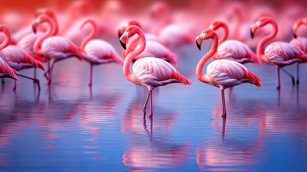 Fenicotteri in piedi nell'acqua al tramonto Illustrazione dell'IA generativa