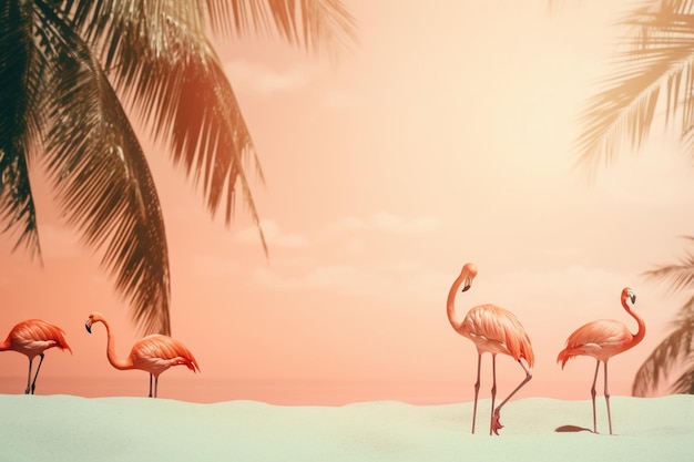 Fenicotteri su una spiaggia con palme sullo sfondo