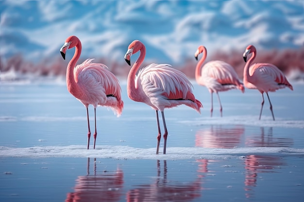 Fenicottero africano che raccoglie uccelli rosa che camminano vicino alla Laguna Blu in una giornata di sole IA generativa