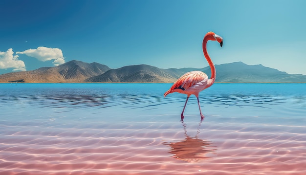 fenicottero sulla spiaggia e sulle acque che circondano le montagne