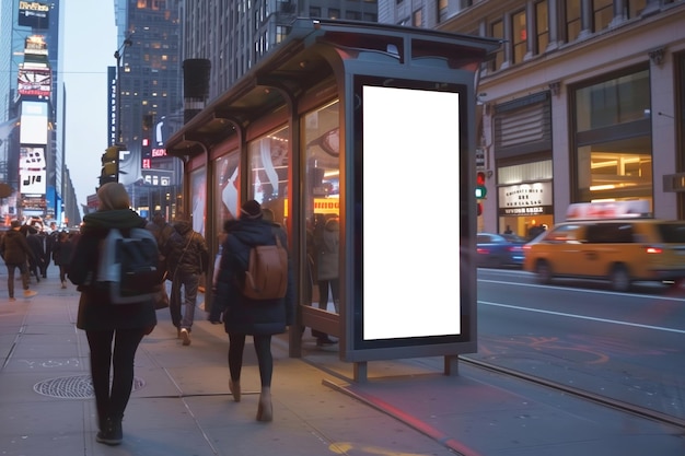 Fermata dell'autobus della città con un cartellone pubblicitario vuoto al crepuscolo