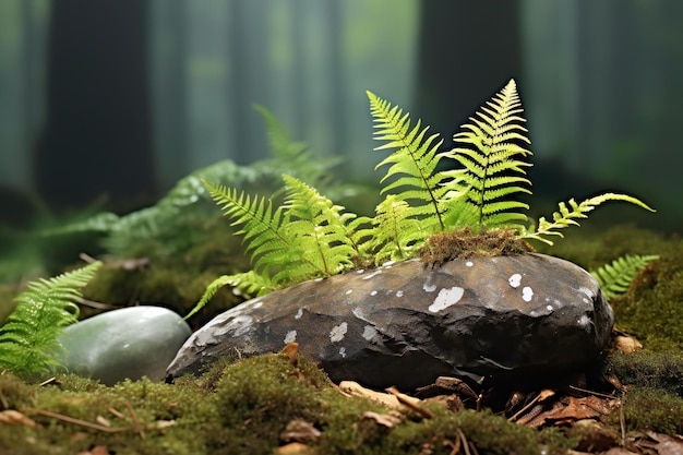 Fern e pietra sul muschio nella foresta
