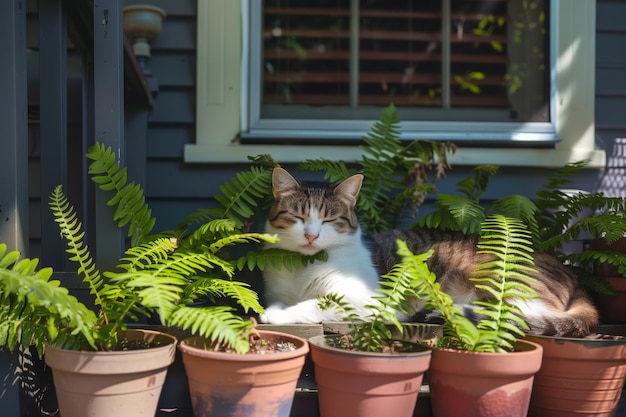Ferne in vaso che circondano un gatto che fa il sonnellino su un portico