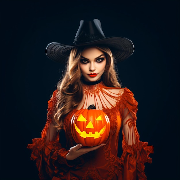 Feroce Halloween Donna Costume Rosso Zucca Sfondo Scuro