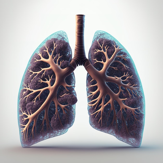 Ferro affumicato, metallo, oro e legno Concetto di progettazione grafica dell'illustrazione del polmone umano 3D isolato