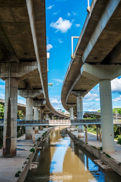 Ferrovia ambientale di vista dal basso in una città moderna. Architettura urbana