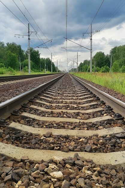 Ferrovia in un paesaggio rurale. Sera, ora legale, cielo nuvoloso, foto verticale