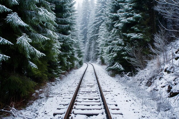 Ferrovia nella foresta invernale sempreverde