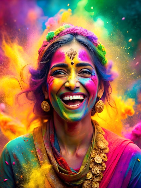 Festa dei colori Felice Holi sullo sfondo con persone sorridenti e felici