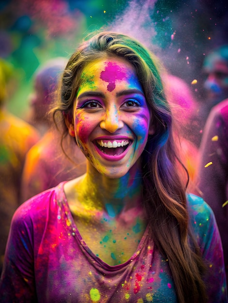 Festa dei colori Felice Holi sullo sfondo con persone sorridenti e felici