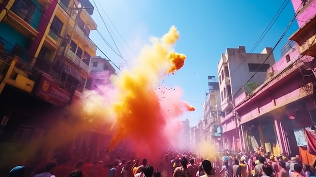 Festa dei colori festa tradizionale indiana Holi I giovani si divertono durante Holi lanciando c