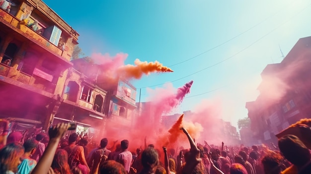 Festa dei colori festa tradizionale indiana Holi I giovani si divertono durante Holi