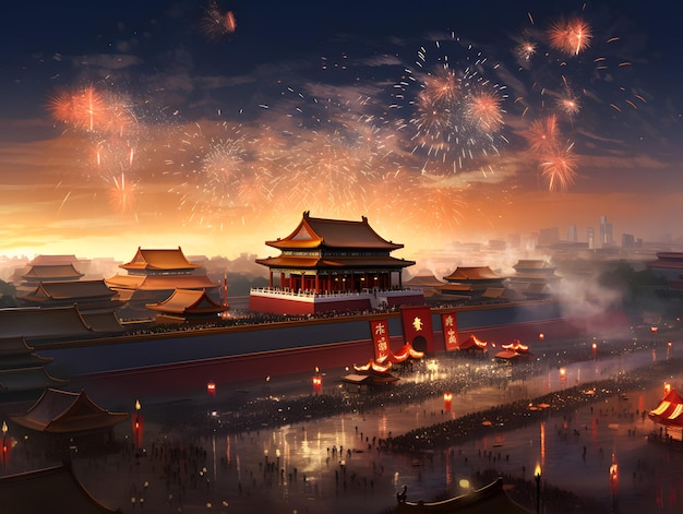 Festa del Capodanno cinese e fuochi d'artificio sulla Città Proibita a Pechino, Cina