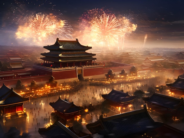 Festa del Capodanno cinese e fuochi d'artificio sulla Città Proibita a Pechino, Cina