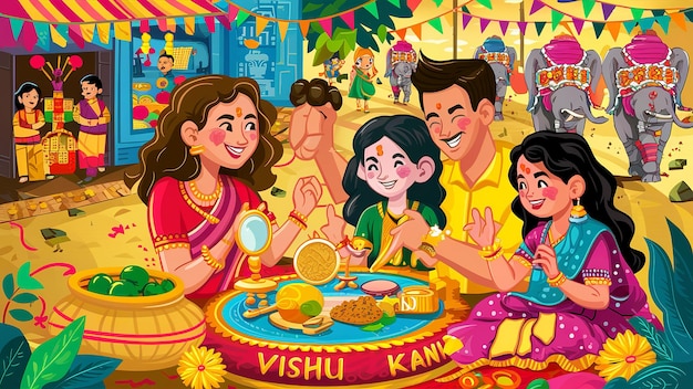 Festa del Capodanno indiano Ugadi o Gudi Padwa illustrazione con Kalash e cibo tradizionale