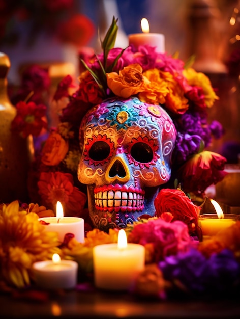 Festa del Giorno dei Morti decorato cranio con fiori e candele