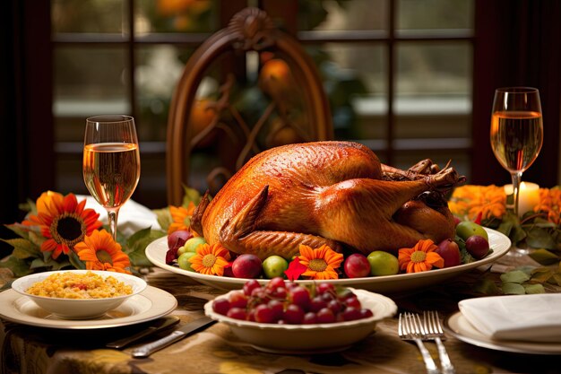 Festa del Giorno del Ringraziamento su un tavolo da pranzo festivamente decorato