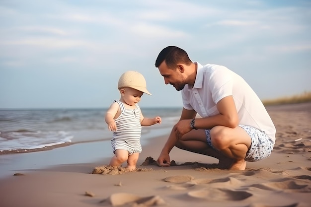 Festa del papà Papà e figlioletto che giocano insieme sulla spiaggia sabbiosa Rete neurale generata nel maggio 2023 Non basata su scene o schemi di persone reali