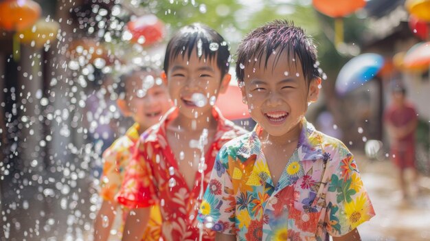 Festa del Songkran bambini asiatici felici indossano camicie colorate e si spruzzano l'acqua a vicenda