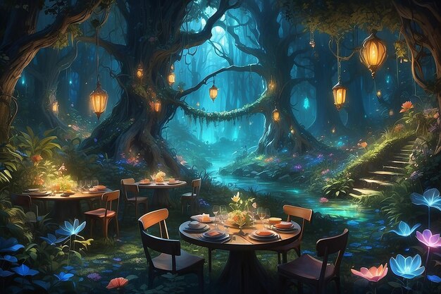 Festa della foresta incantata fogliame bioluminescente cucinina magica popolare delle fate