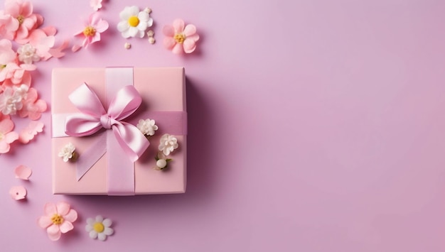 Festa della mamma Confezione regalo rosa con nastro rosa e fiori su sfondo rosa