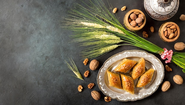 Festa della primavera araba Nowruz Mazzina con erba di grano Baklava e noci su uno sfondo scuro chic