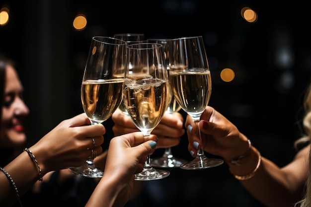 Festa della vigilia di Natale Gente con bicchieri di champagne che fanno un brindisi