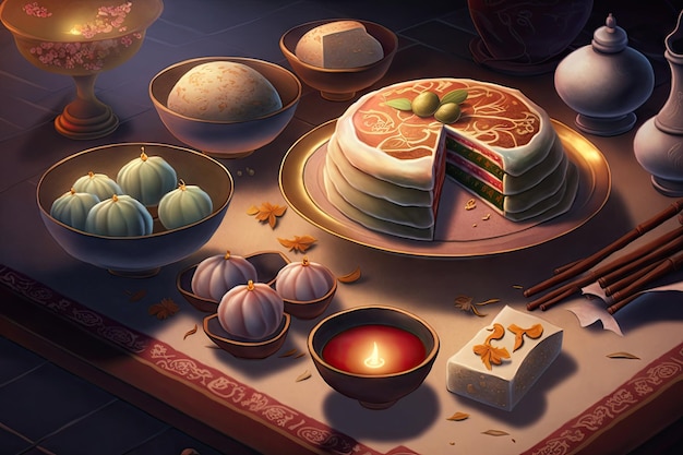 Festa di capodanno dolce tradizionale cinese con shemplings e torta shu creata con generative