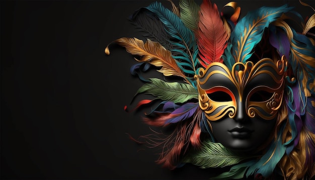Festa di Carnevale. Maschera veneziana copia spazio su sfondo nero. Decorazione festiva.