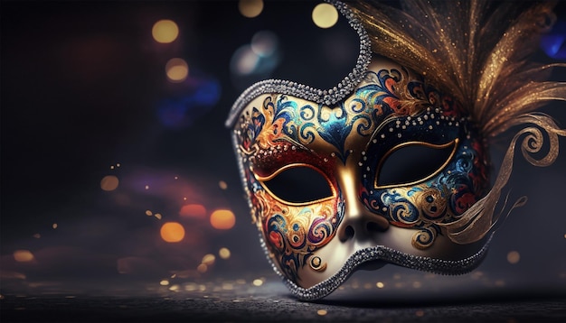 Festa di Carnevale. Maschera veneziana su sfondo bokeh scuro. Decorazione festiva.