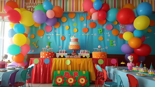 Festa di compleanno colorata con un sacco di palloncini e decorazioni C'è un tavolo con una torta e regali su di esso