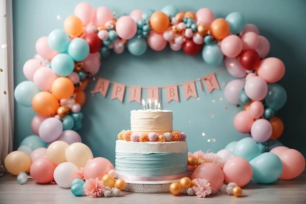 Festa di compleanno con illustrazione di torta e palloncini