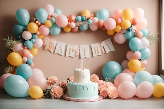 Festa di compleanno con illustrazione di torta e palloncini