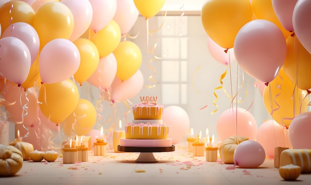 festa di compleanno con palloncini colorati e torta