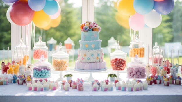 Festa di compleanno di bambina felice con la più bella torta decorata con caramelle decorazioni