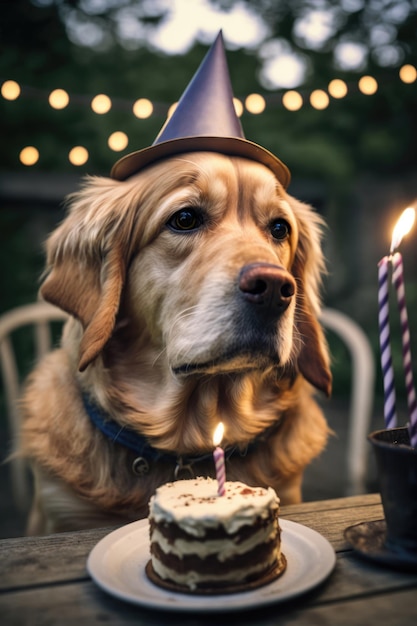 Festa di compleanno per animali domestici Golden retriever cane che festeggia il compleanno con la torta festiva AI illustrazione generativa