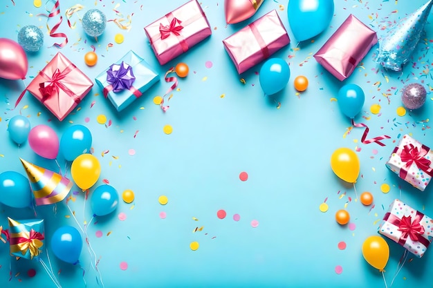 Festa di compleanno ricoperta di regali, palloncini, cappelli e decorazioni con sfondo blu chiaro