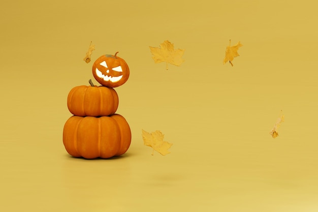 festa di halloween americana. sorridente zucca illuminata in piedi su grandi zucche arancioni