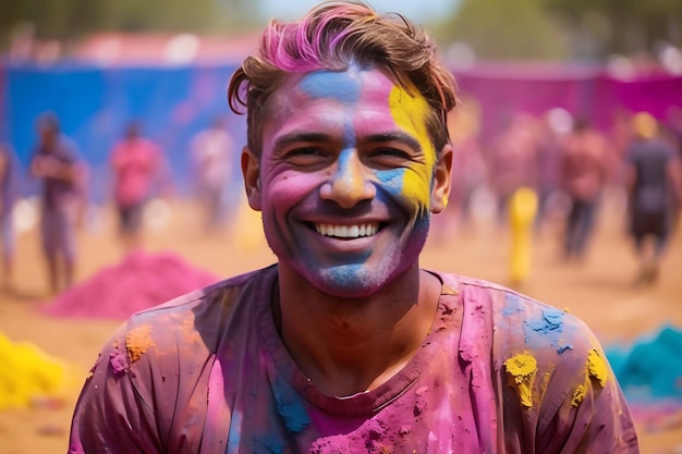 Festa di Holi in celebrazione uomini donna bambino insieme colorato arcobaleno