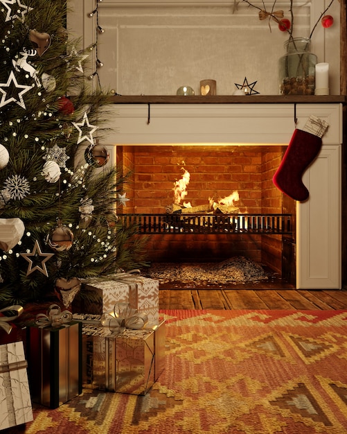 Festa di Natale in soggiorno di notte con un albero di Natale e regali sotto di esso. Rendering 3D