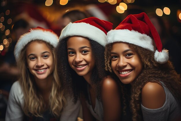 Festa di Natale persone di varie nazionalità che mostrano espressioni felici generative ai