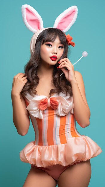 Festa di Pasqua una donna asiatica che indossa un orecchio di coniglio su uno sfondo semplice