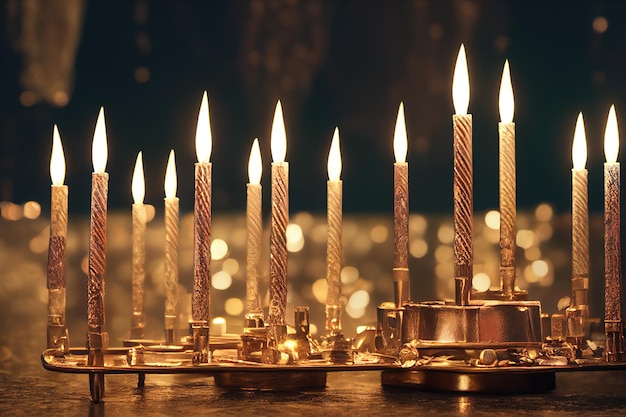 Festa ebraica Hanukkah con menorah tradizionale simbolo delle luci 3d'illustrazione