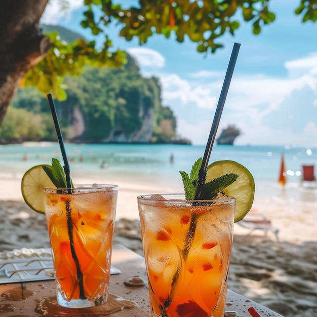 Festa estiva in spiaggia con cocktail sul tavolo