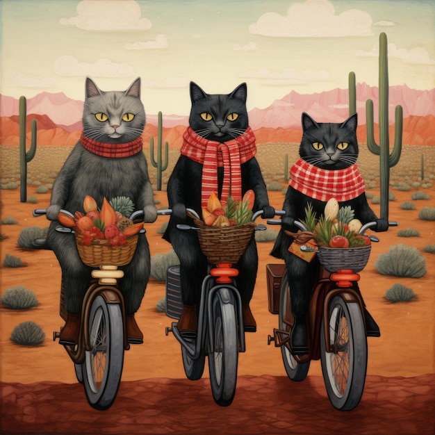 Festa felina Gatti gioiosi che pedalano festivamente attraverso l'incantevole deserto dell'Arizona