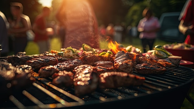 Festa in gruppo in famiglia all'aperto Concentrarsi sulla griglia di cibo nei giardini pubblici spazio per il testo