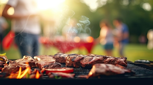 Festa in gruppo in famiglia all'aperto Concentrarsi sulla griglia di cibo nei giardini pubblici spazio per il testo