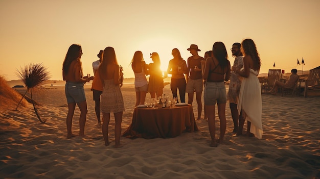 Festa in spiaggia di un amico al tramonto IA generativa