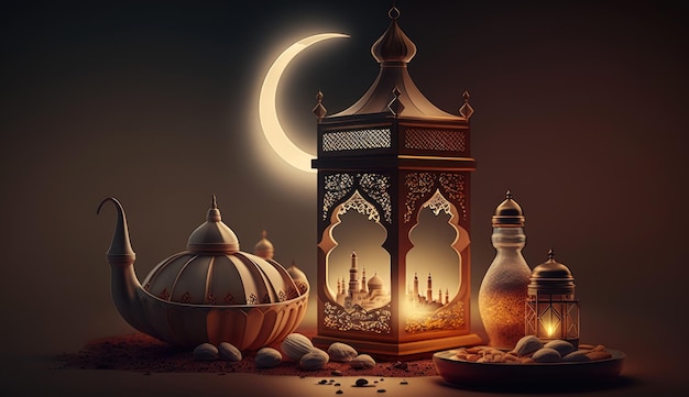 Festa islamica Ramadan kareem sfondo dell'evento decorare con la luna della lanterna araba Generative AI
