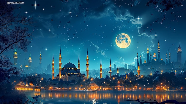 Festa musulmana con notte buia paesaggio urbano arabo moschea formato vettoriale di progettazione creativa